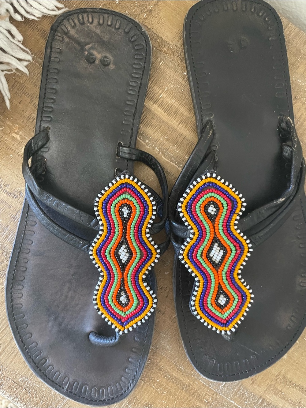 Black Beaded Women’s Sandals with Multicolor Seed Bead Detail size 8.5